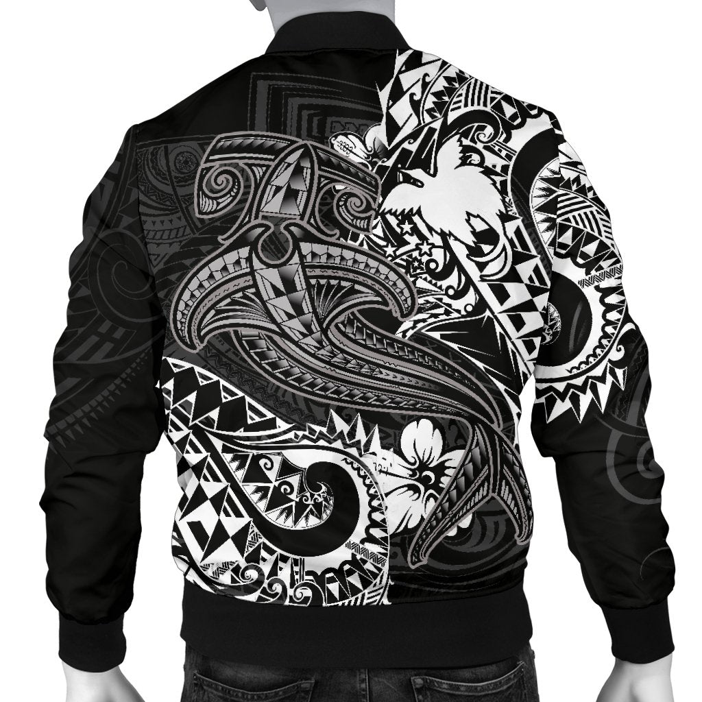 Papua New Guinea Men's Bomber Jacket - White Shark Polynesian Tattoo - Polynesian Pride
