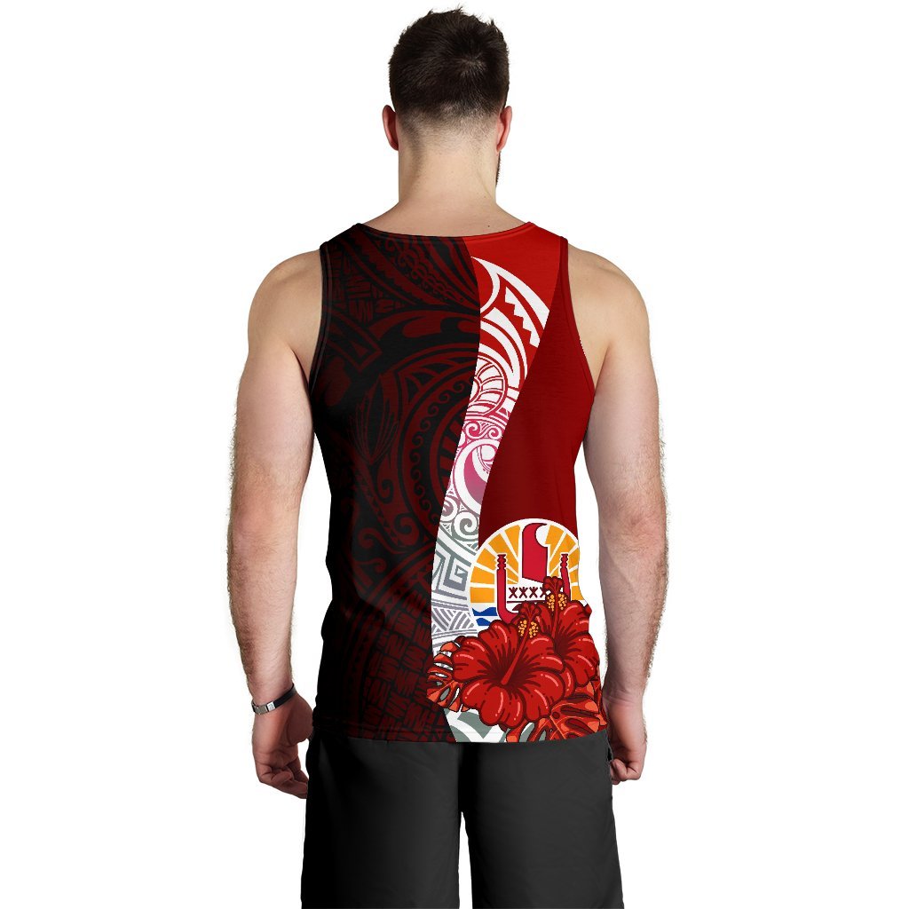 Tahiti Polynesian Custom Personalised Men's Tank Top - Coat Of Arm With Hibiscus - Polynesian Pride