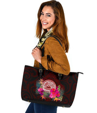 American Samoa Large Leather Tote Bag - Coat Of Arm With Polynesian Patterns - Polynesian Pride