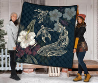 Hawaii Tropical Hibiscus Turtle Shark Aumakua Premium Quilt - Lucas Style - Blue - Polynesian Pride