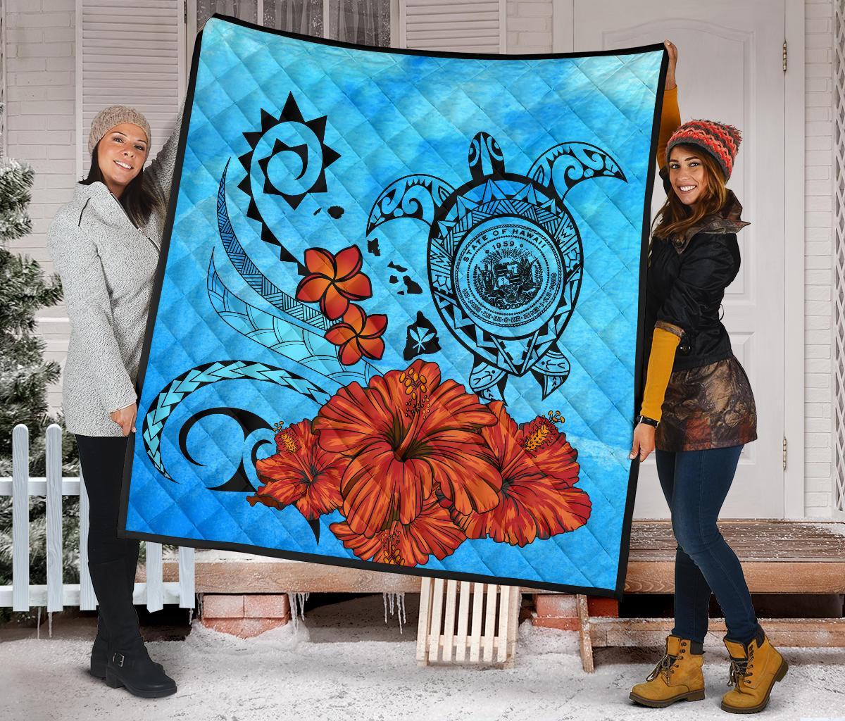 Hawaiian Map Kanaka Sea Turtle Seal Of Hawaii Hibiscus Plumeria Polynesian Quilt - Polynesian Pride