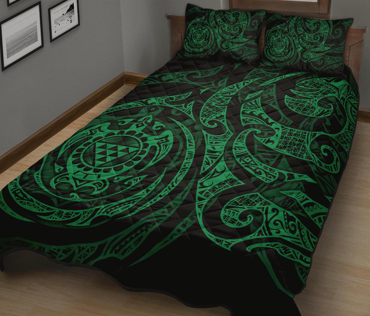 Hawaii Polynesian Quilt Bed Set - HawaiiGreen Kanaka Maoli Turtle Tribal - Polynesian Pride