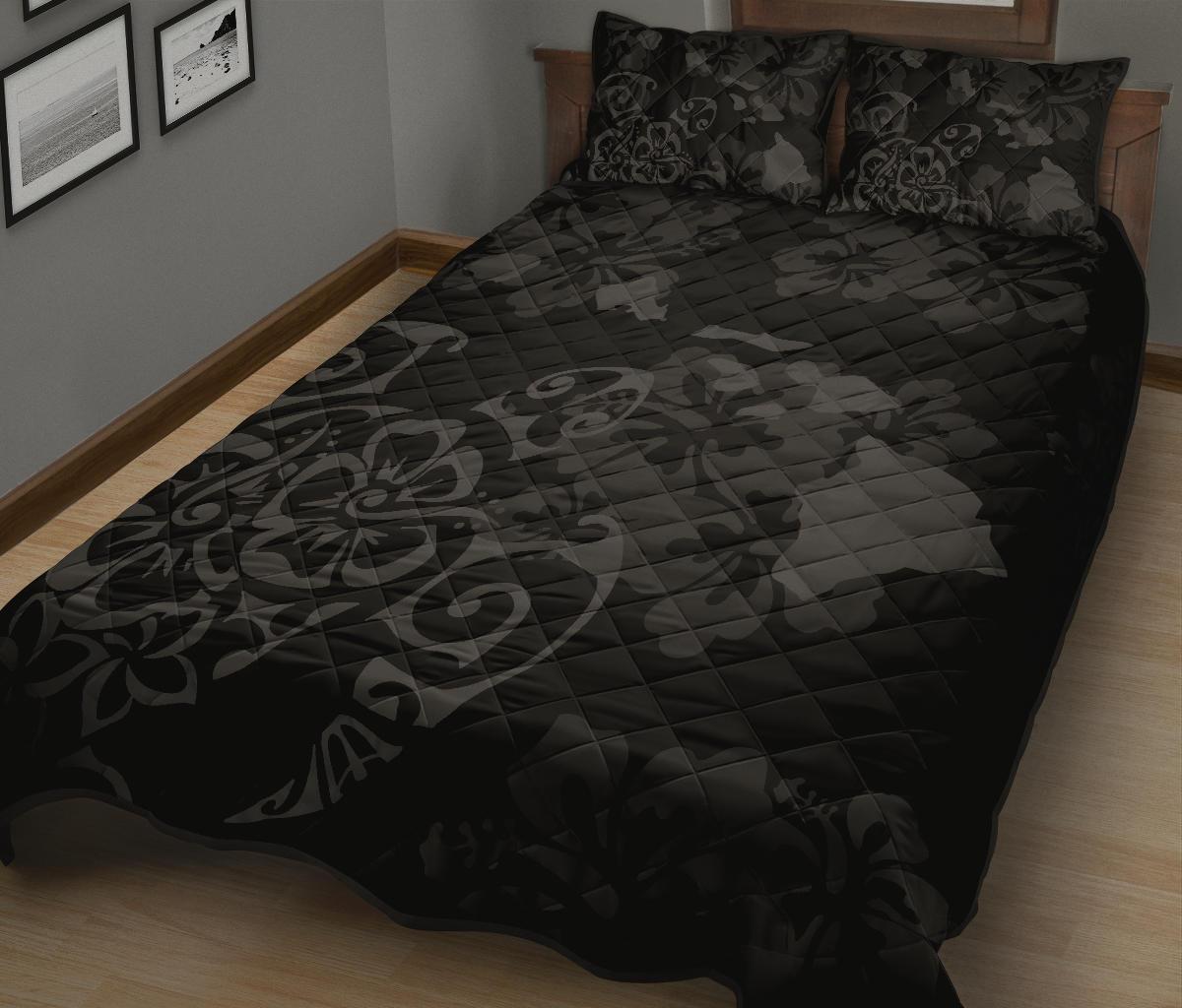 Turtle Hibiscus Map Grey Quilt Bed Set - Polynesian Pride