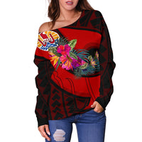 Tahiti Women's Off Shoulder Sweater - Polynesian Hook And Hibiscus (Red) - Polynesian Pride
