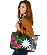 Nauru Large Leather Tote Bag - Turtle Plumeria Banana Leaf - Polynesian Pride