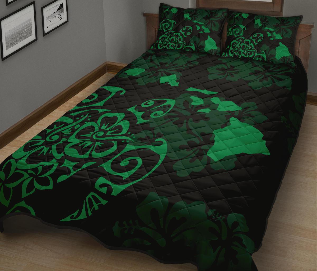 Hawaii Quilt Bed Set - Turtle Hibiscus Map Green Quilt Bed Set - Polynesian Pride