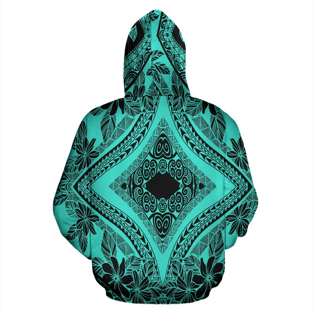Hawaii Hoodie Polynesian Plumeria Mix Turquoise Black Pullover - Polynesian Pride