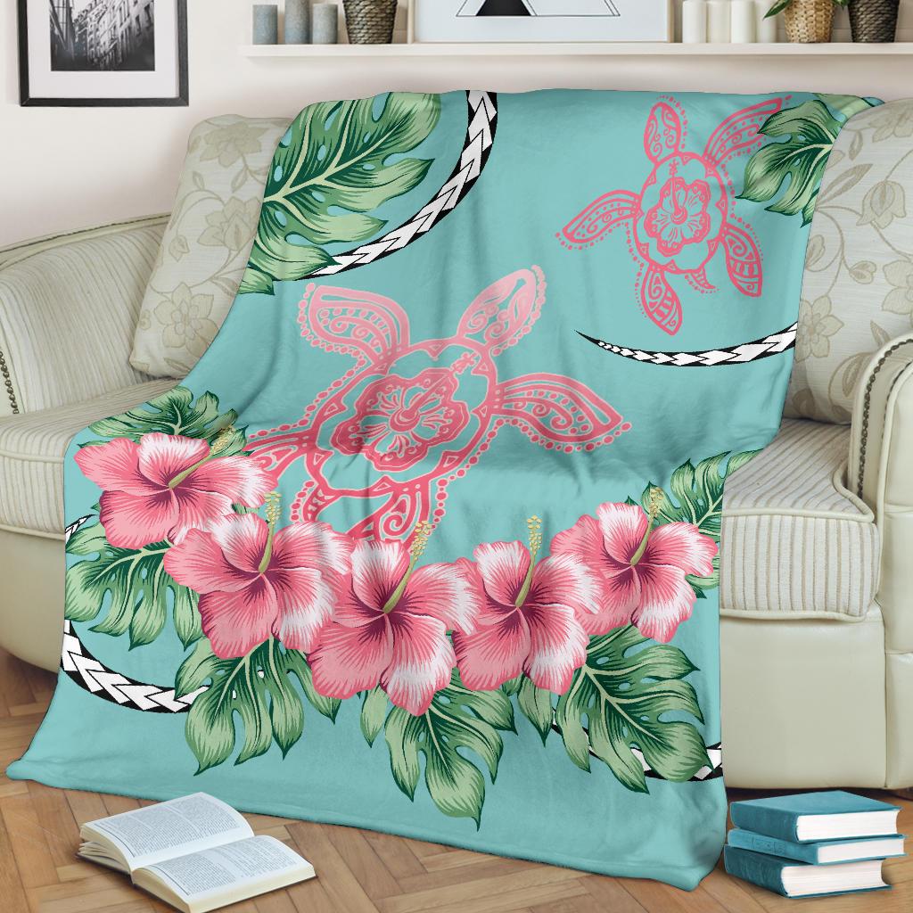 Hawaii Tropical Hibiscus Turtle Mint Style - Premium Blanket AH - Polynesian Pride