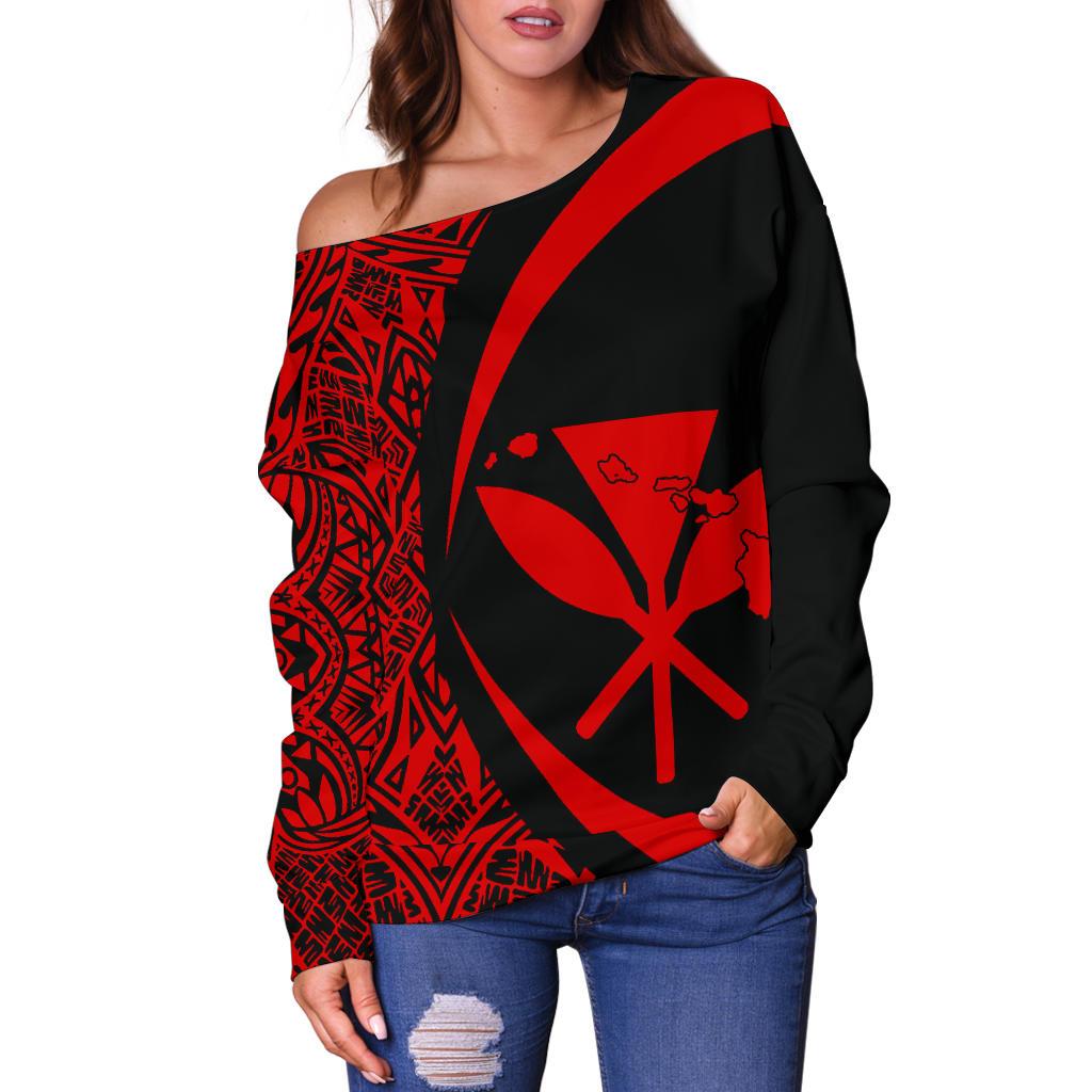 Kanaka Hawaii Map Red Polynesian Off Shoulder Sweater - Circle Style - Polynesian Pride