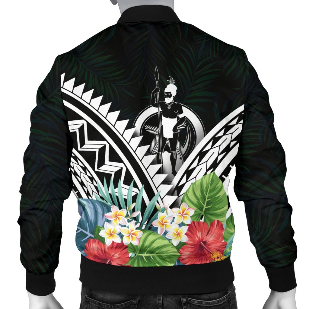 Vanuatu Men's Bomber Jacket - Vanuatu Caledonia Coat of Arms & Polynesian Tropical Flowers White - Polynesian Pride
