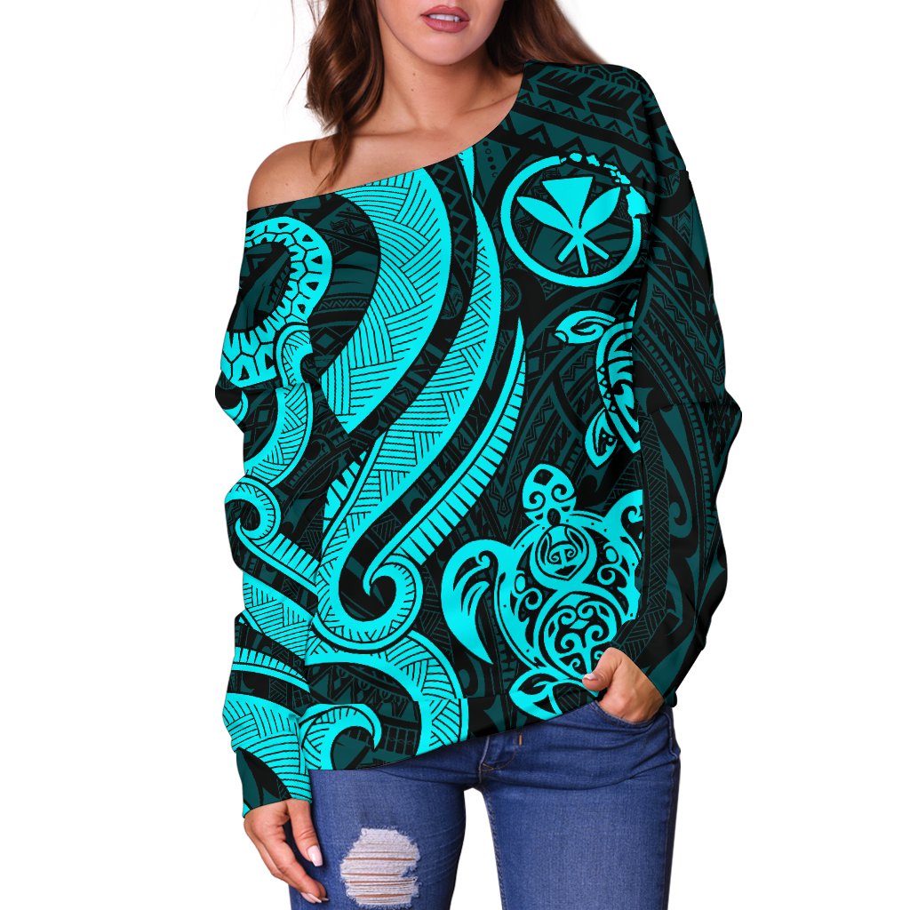 Hawaii Women Off Shoulder Sweater - Turquoise Tentacle Turtle - Polynesian Pride