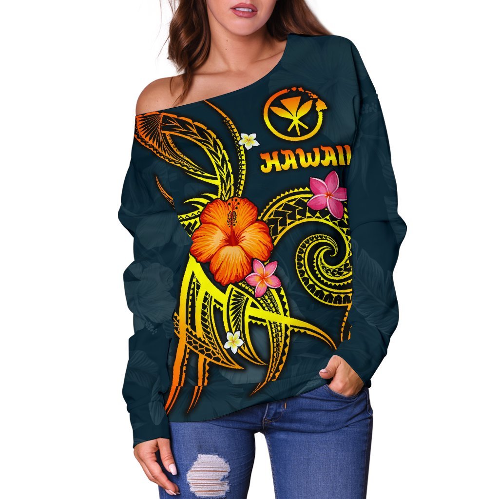 Polynesian Hawaii Off Shoulder Sweater - Legend of Kanaka Maoli (Blue) - Polynesian Pride