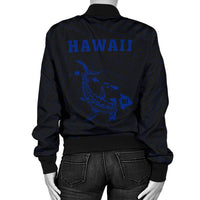 Hawaii Kakau Polynesian Hammerhead Shark Women's Bomber Jacket - Blue - Polynesian Pride