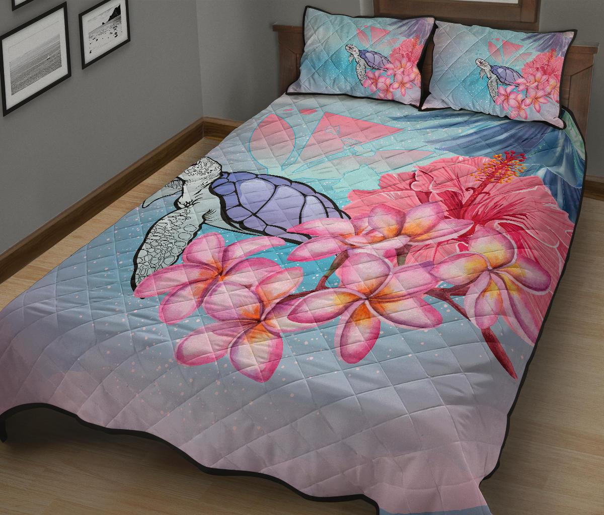 Hawaii Map Kanaka Turtle Galaxy Night Plumeria Hibiscus Quilt Bed Set - Polynesian Pride