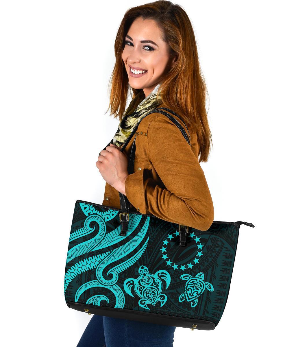 Cook Islands Leather Tote Bag - Turquoise Tentacle Turtle - Polynesian Pride