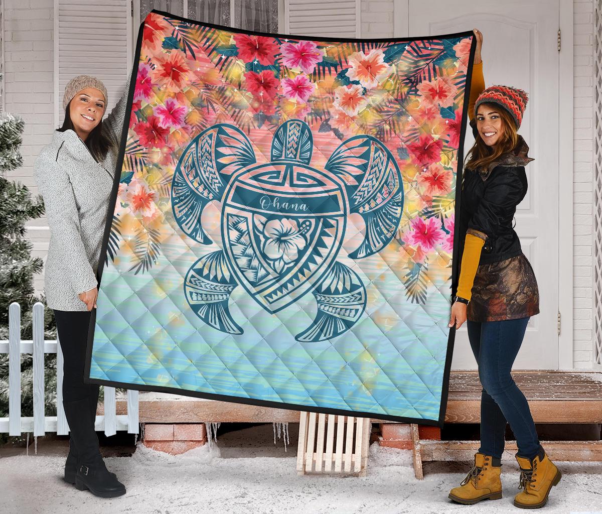 Hawaii Turtle Ohana Stary Night Hibiscus Premium Quilt - Polynesian Pride