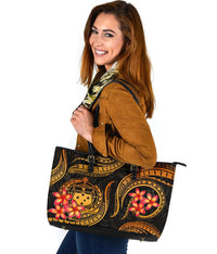 Samoa Polynesian Leather Tote Bag - Gold Plumeria - Polynesian Pride