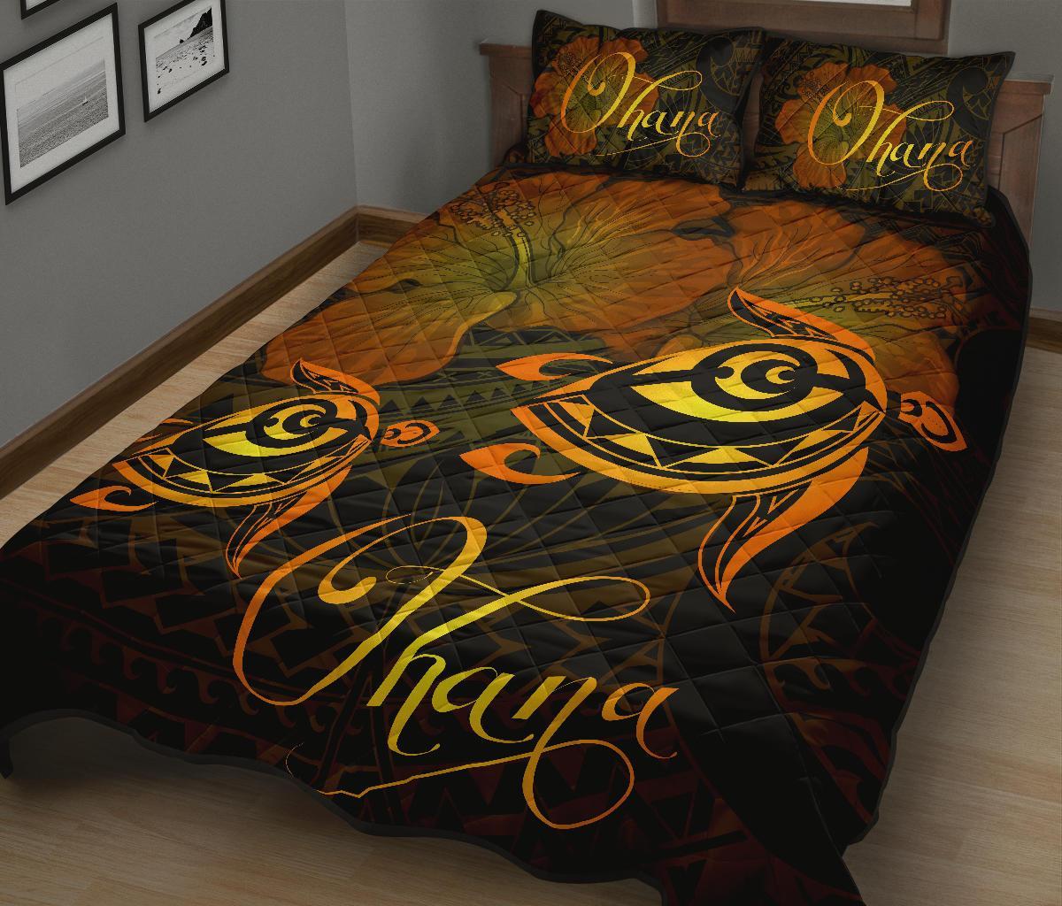 Hawaii Turtle Ohana Hibiscus Poly Quilt Bed Set Yellow - Polynesian Pride