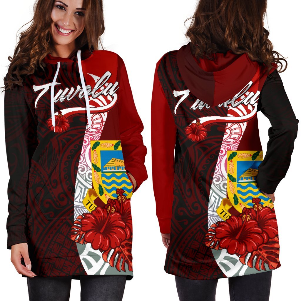 Tuvalu Polynesian Hoodie Dress - Coat Of Arm With Hibiscus - Polynesian Pride