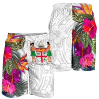 Fiji Polynesian All Over Print Men's Shorts - Hibiscus White Pattern - Polynesian Pride