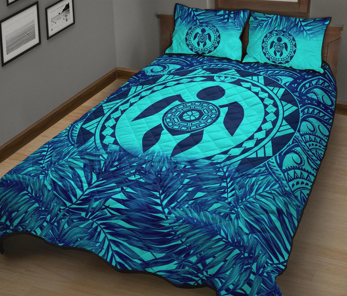 Polynesian Quilt Bed Set - Dark Blue Turtle Palm Torquoise Version - Polynesian Pride