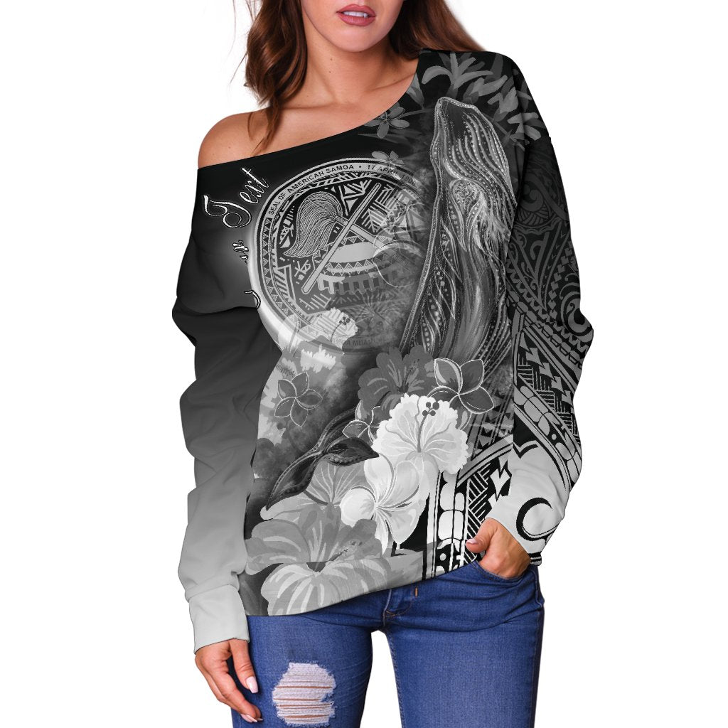 American Samoa Polynesian Custom Personalised Women's Off Shoulder Sweater - Humpback Whale with Tropical Flowers (White) - Polynesian Pride