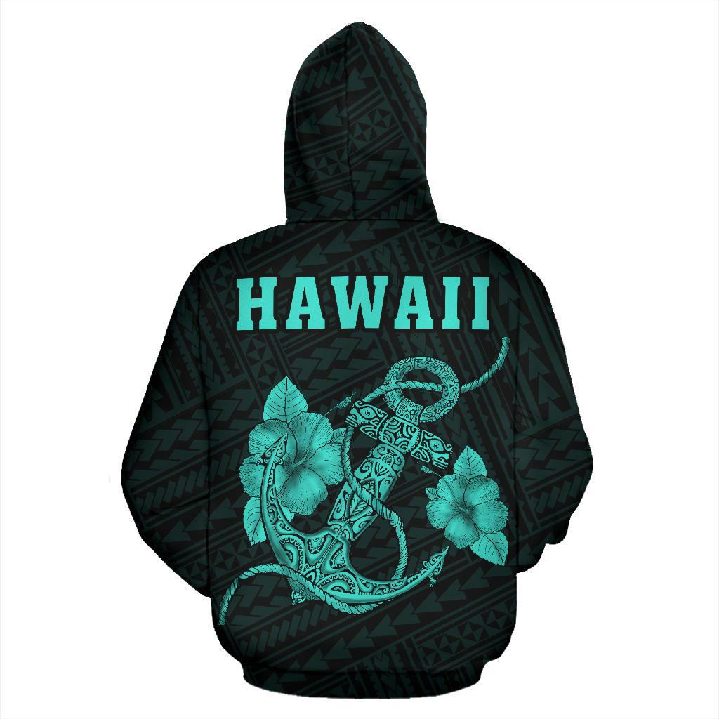Polynesian Kakau Anchor Hibiscus Hawaii Hoodie Turquoise - Polynesian Pride