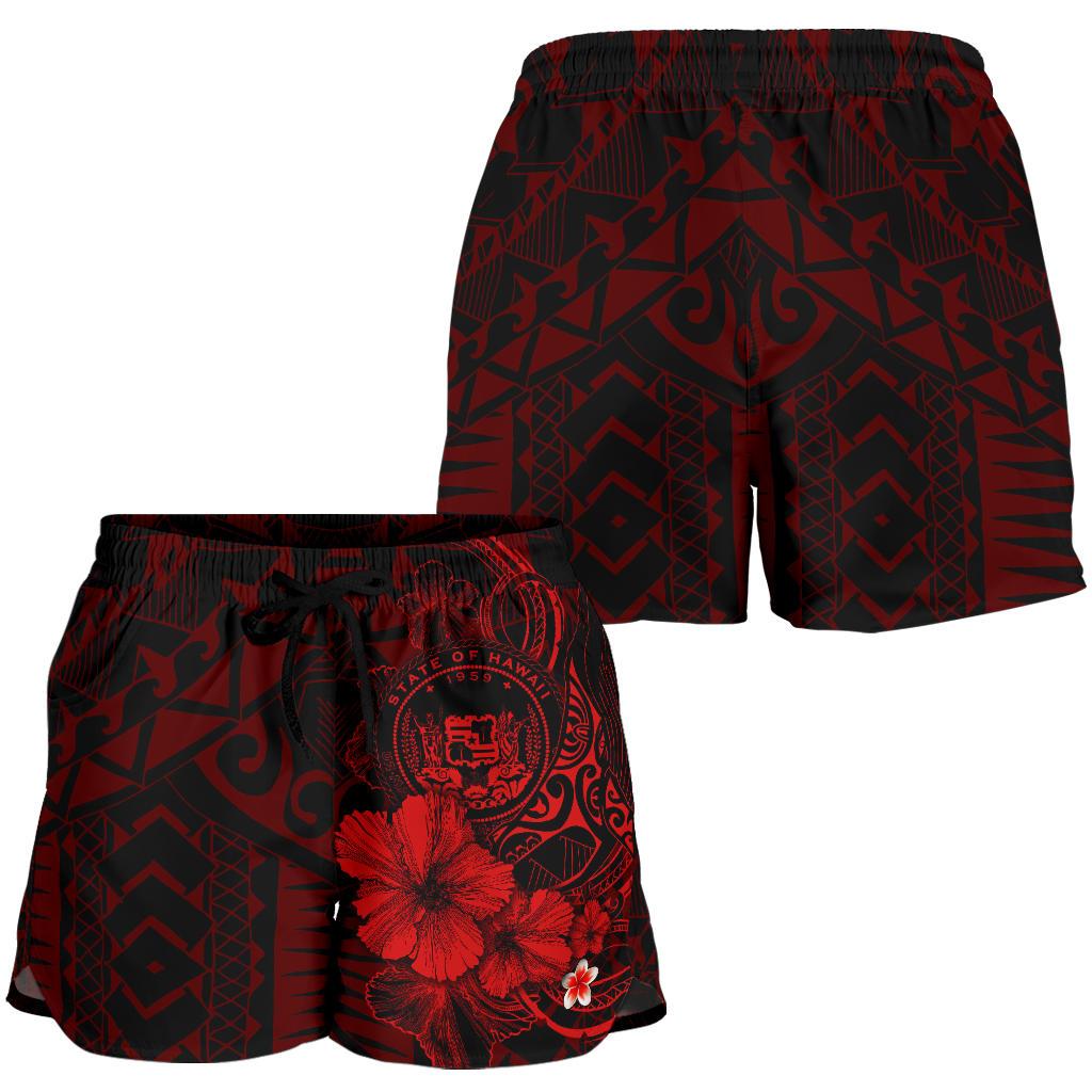 Polynesian Hawaii Women's Shorts - Humpback Whale with Hibiscus (Red) - Polynesian Pride
