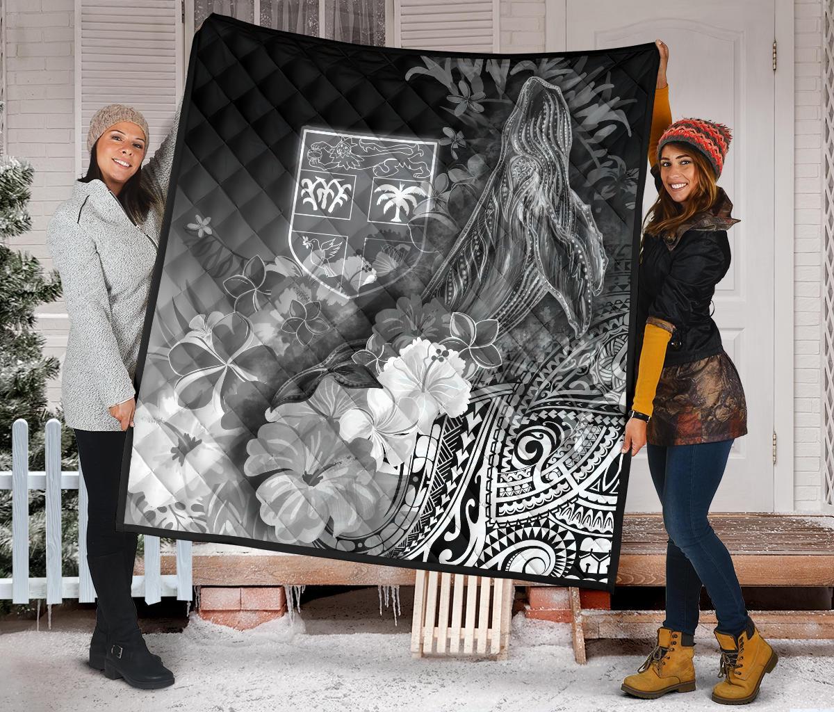 Fiji Premium Quilt - Humpback Whale with Tropical Flowers (White) - Polynesian Pride