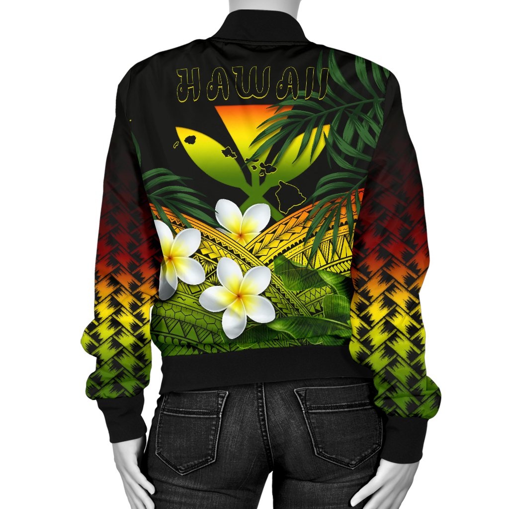 Kanaka Maoli (Hawaiian) Women's Bomber Jacket, Polynesian Plumeria Banana Leaves Reggae - Polynesian Pride