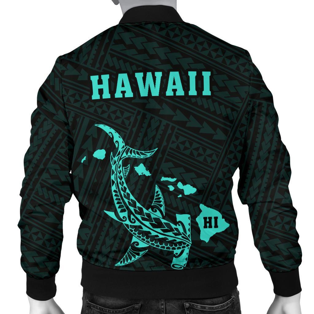 Hawaii Kakau Polynesian Hammerhead Shark Men's Bomber Jacket - Turquoise - Polynesian Pride