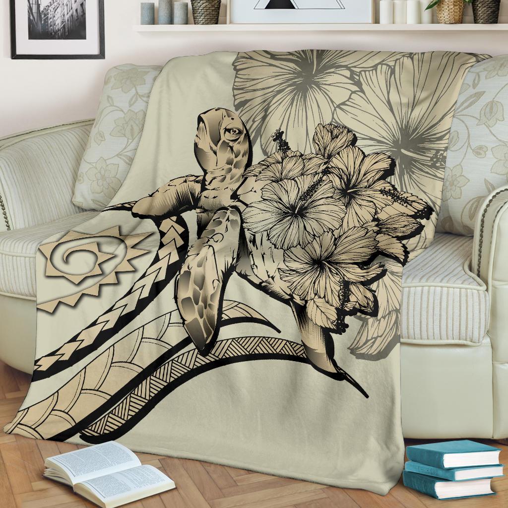Hawaii Turtle Hibiscus Polynesian Vintage Premium Blanket - Beige - Polynesian Pride