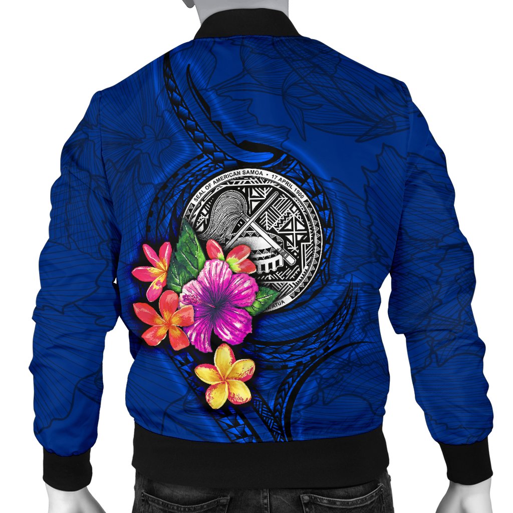 American Samoa Polynesian Custom Personalised Men's Bomber Jacket - Floral With Seal Blue - Polynesian Pride