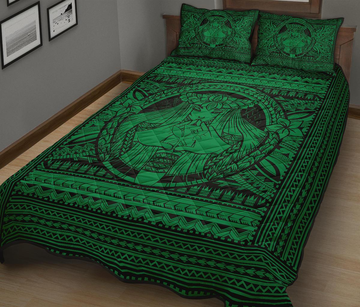 Hawaii Polynesian Pele Kanaka Quilt Bed Set Green - Polynesian Pride