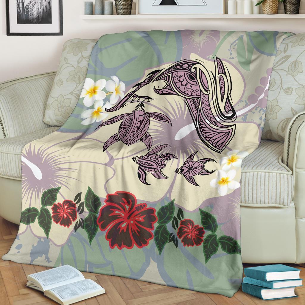 Hawaii Turtle Shark Hibiscus Premium Blanket - Beige - LH Style - Polynesian Pride