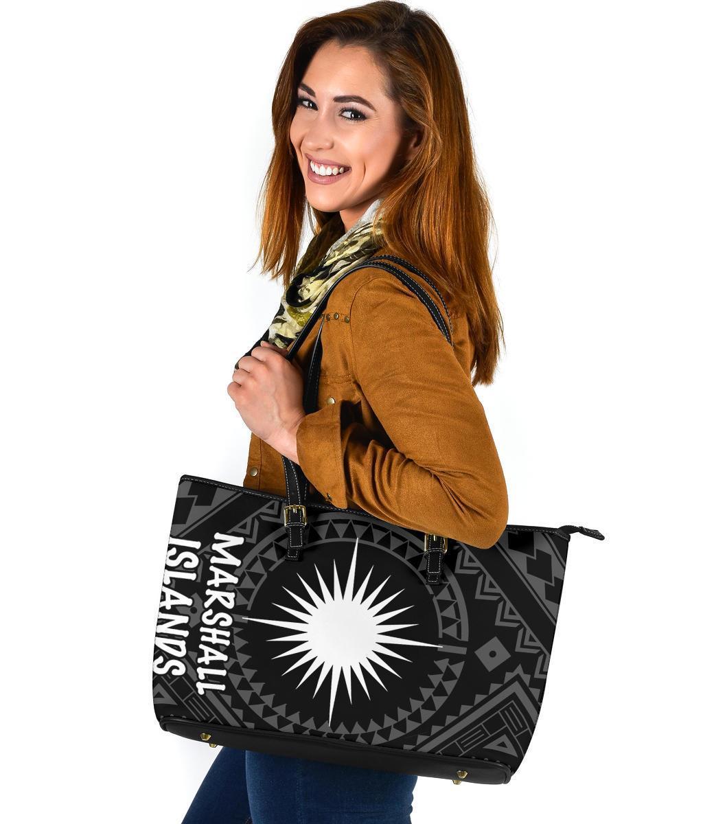 Marshall Large Leather Tote Bag - Marshall Seal With Polynesian Tattoo Style ( Black) - Polynesian Pride