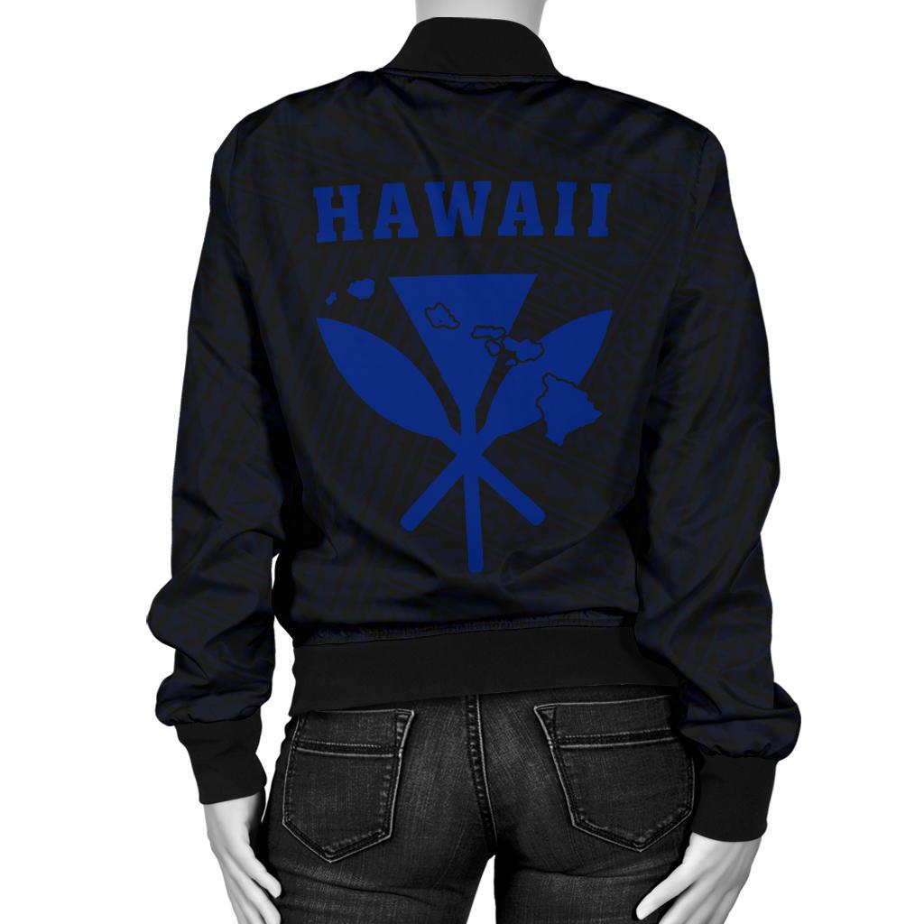 Hawaii Kakau Polynesian Kanaka Map Women's Bomber Jacket - Blue - Polynesian Pride