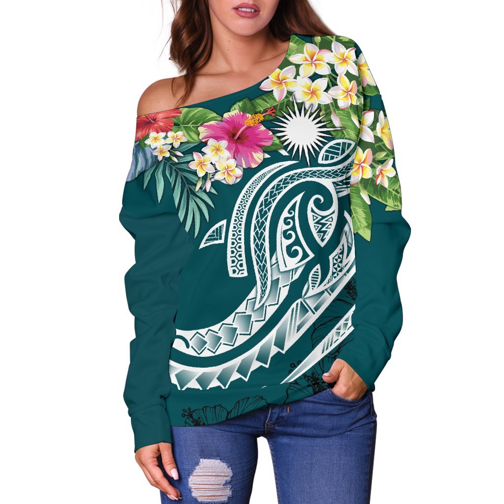 Marshall Islands Polynesian Off Shoulder Sweater - Summer Plumeria (Turquoise) - Polynesian Pride