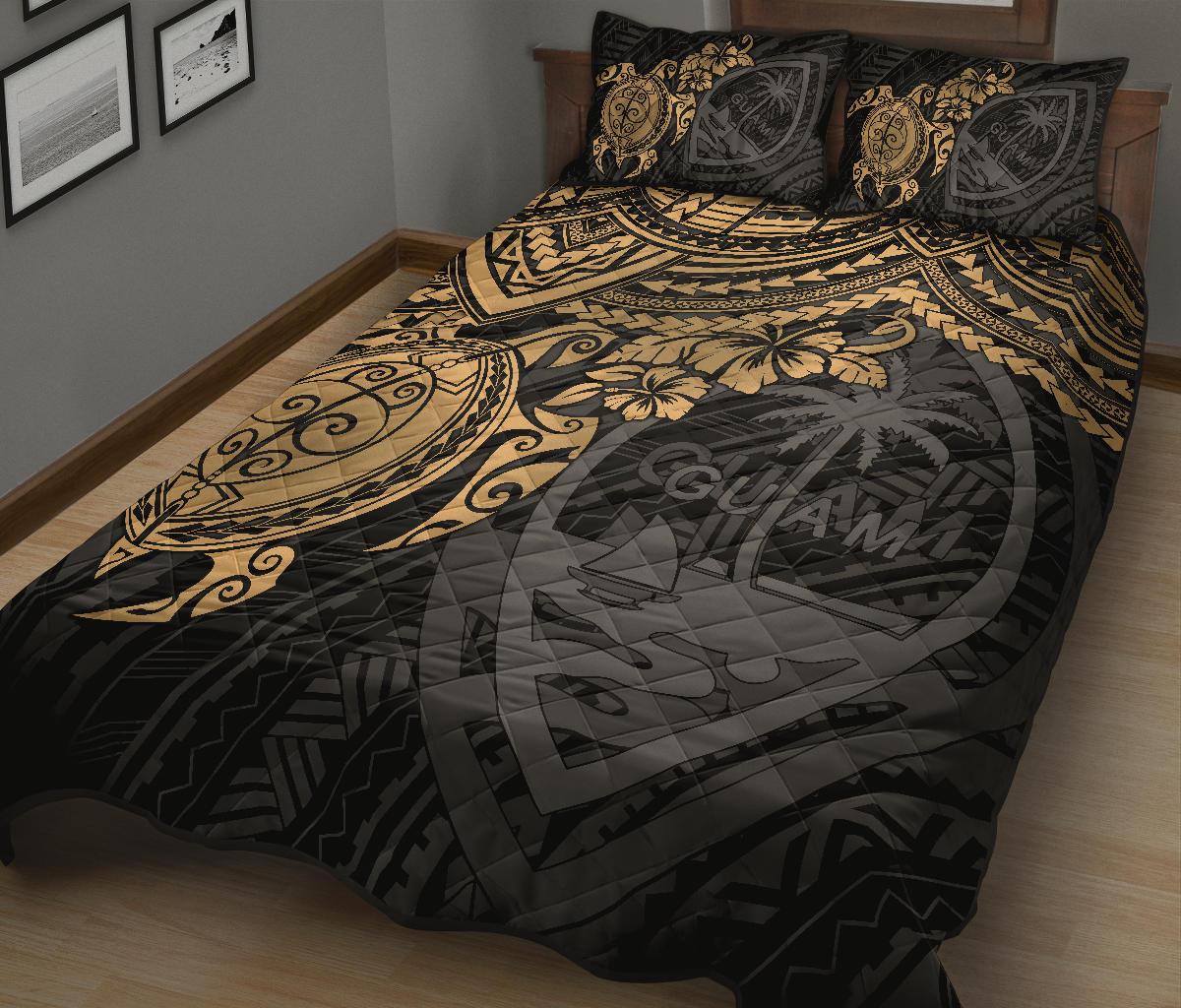 Guam Polynesian Quilt Bed Set - Guam Coat Of Arms & Golden Turtle Hibiscus - Polynesian Pride