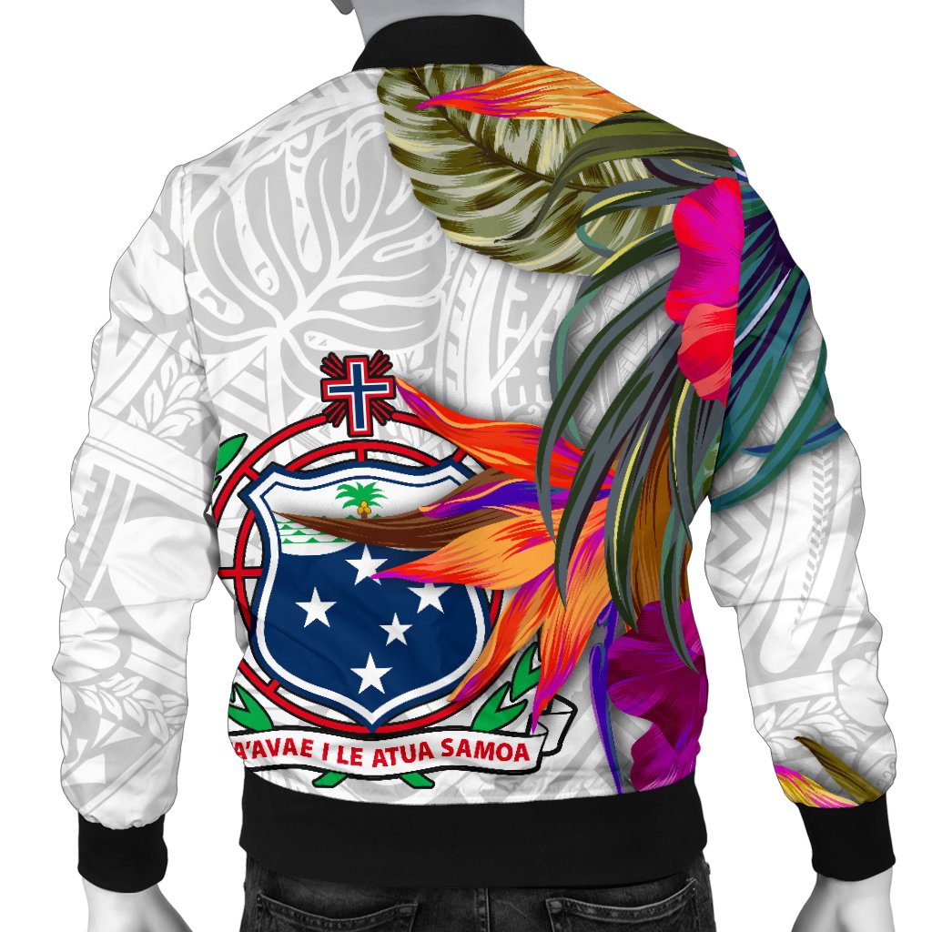 Samoa Men's Bomber Jacket - Polynesian Hibiscus White Pattern - Polynesian Pride