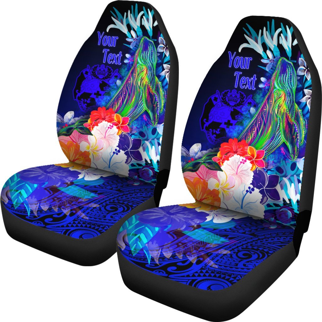 Tonga Custom Personalised Car Seat Covers - Humpback Whale with Tropical Flowers (Blue) - Polynesian Pride