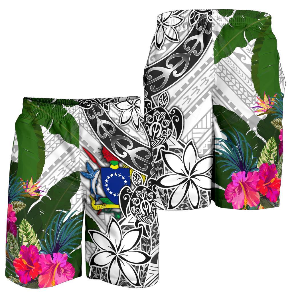 Cook Islands Men's Short White - Turtle Plumeria Banana Leaf - Polynesian Pride