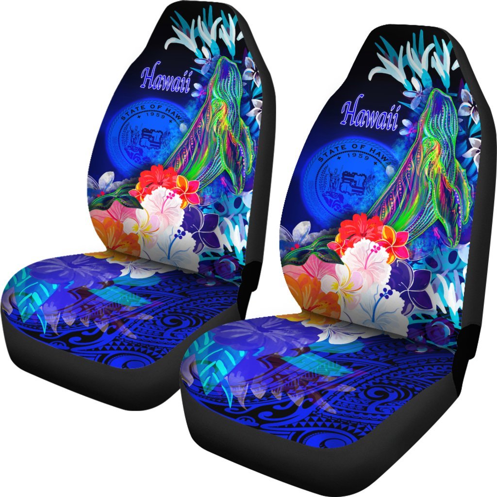 Polynesian Hawaii Car Seat Covers - Humpback Whale with Tropical Flowers (Blue) - Polynesian Pride