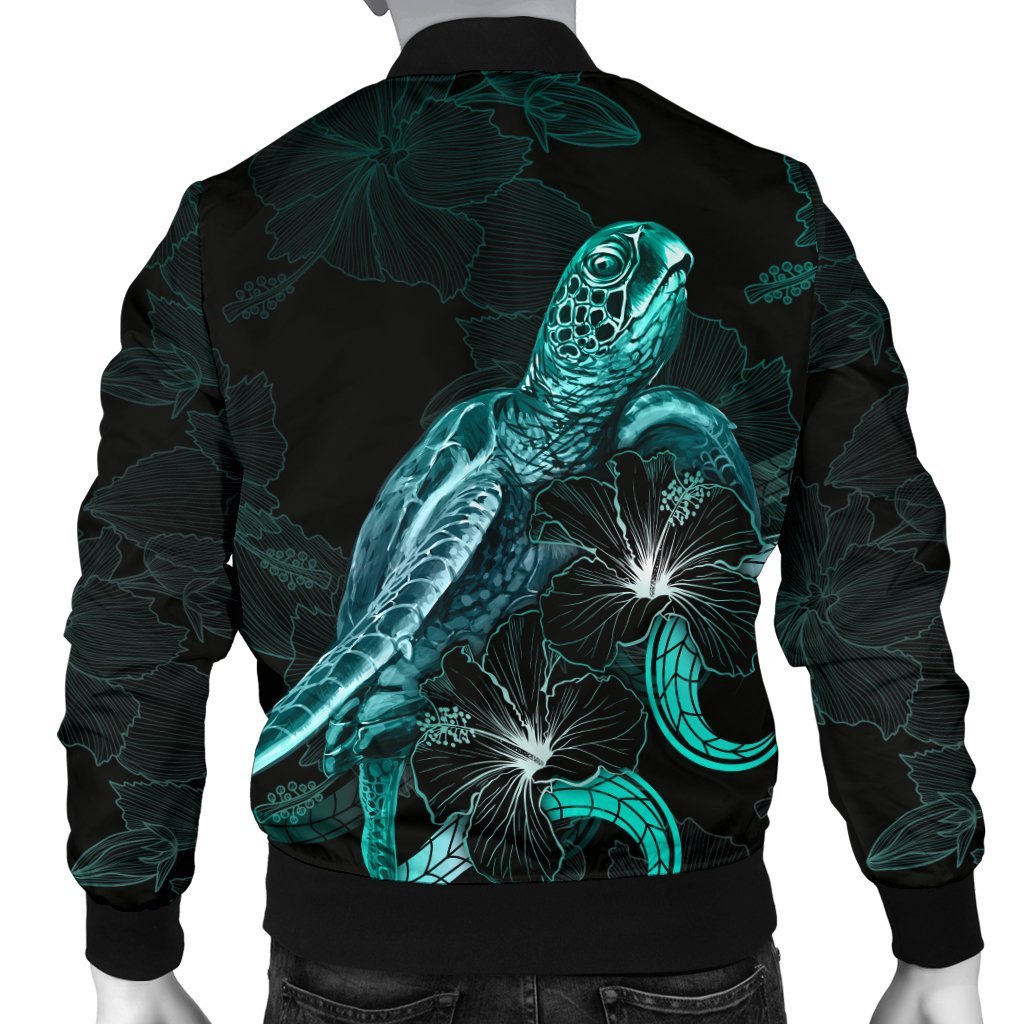 Pohnpei Polynesian Men's Bomber Jacket - Turtle With Blooming Hibiscus Turquoise - Polynesian Pride