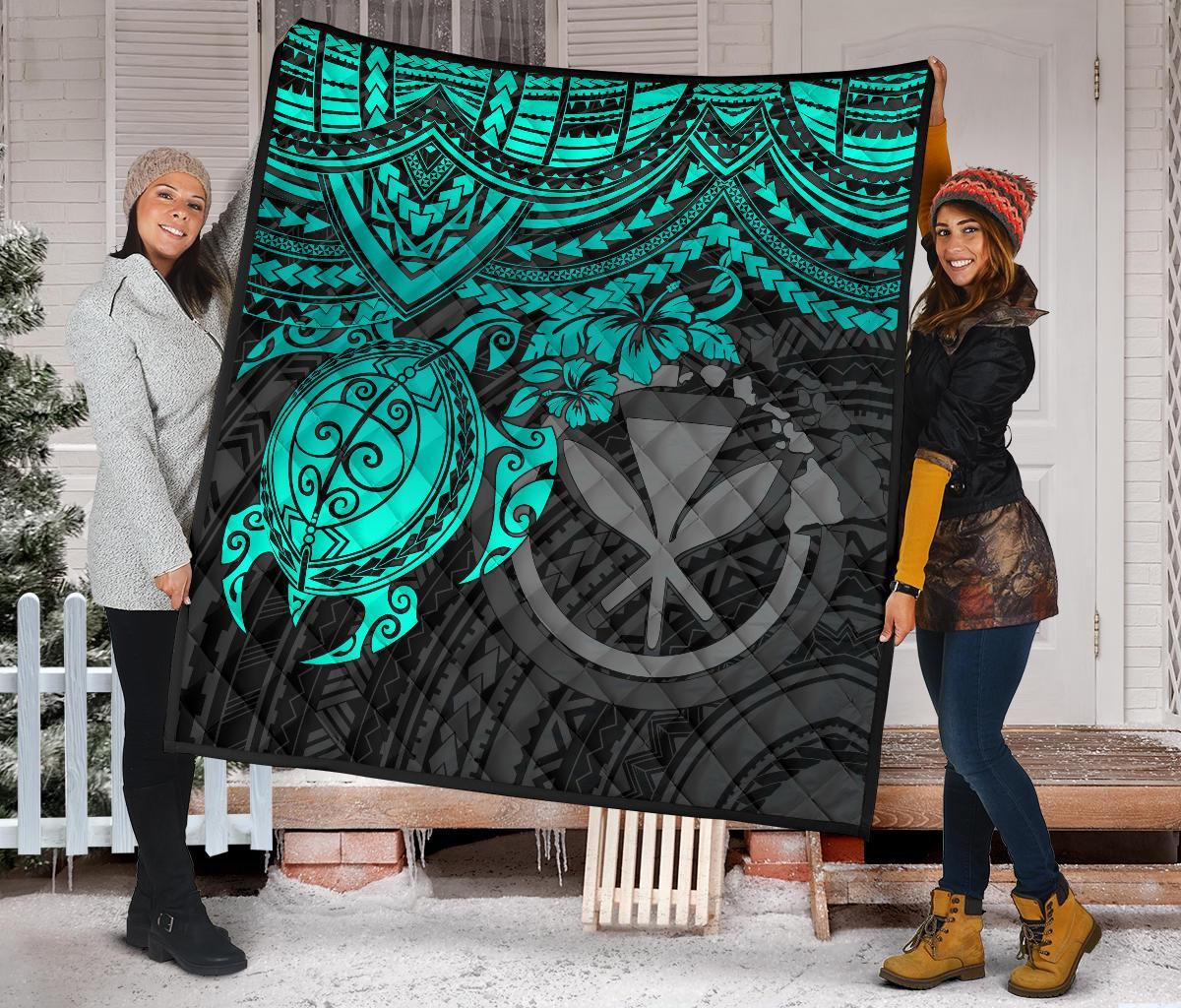 Hawaii Polynesian Premium Quilt - Kanaka Maoli & Turquoise Turtle Hibiscus - Polynesian Pride