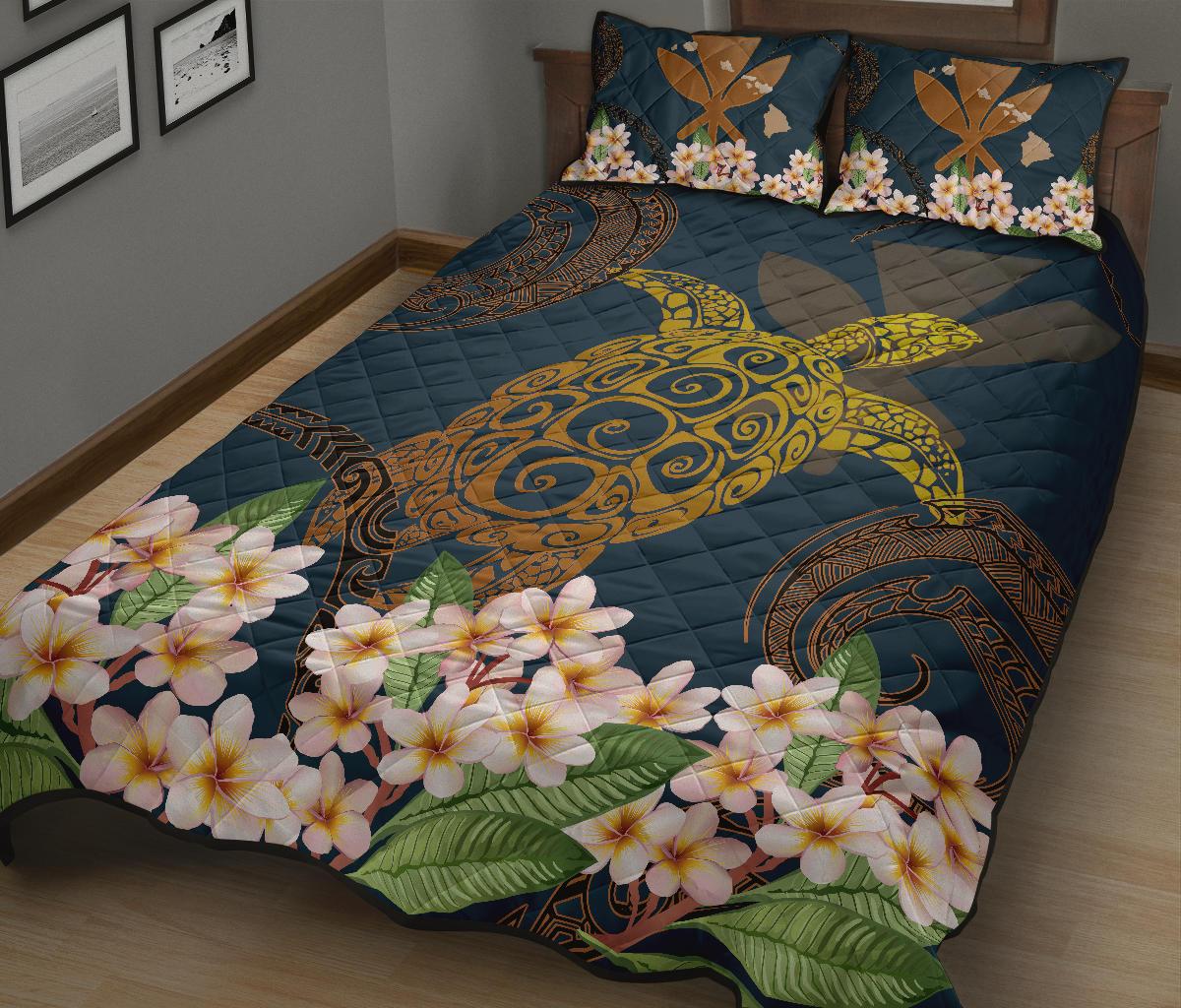 Hawaii Turtle Plumeria Polynesian Kanaka Map - Blue Style - Quilt Bed Set AH - Polynesian Pride