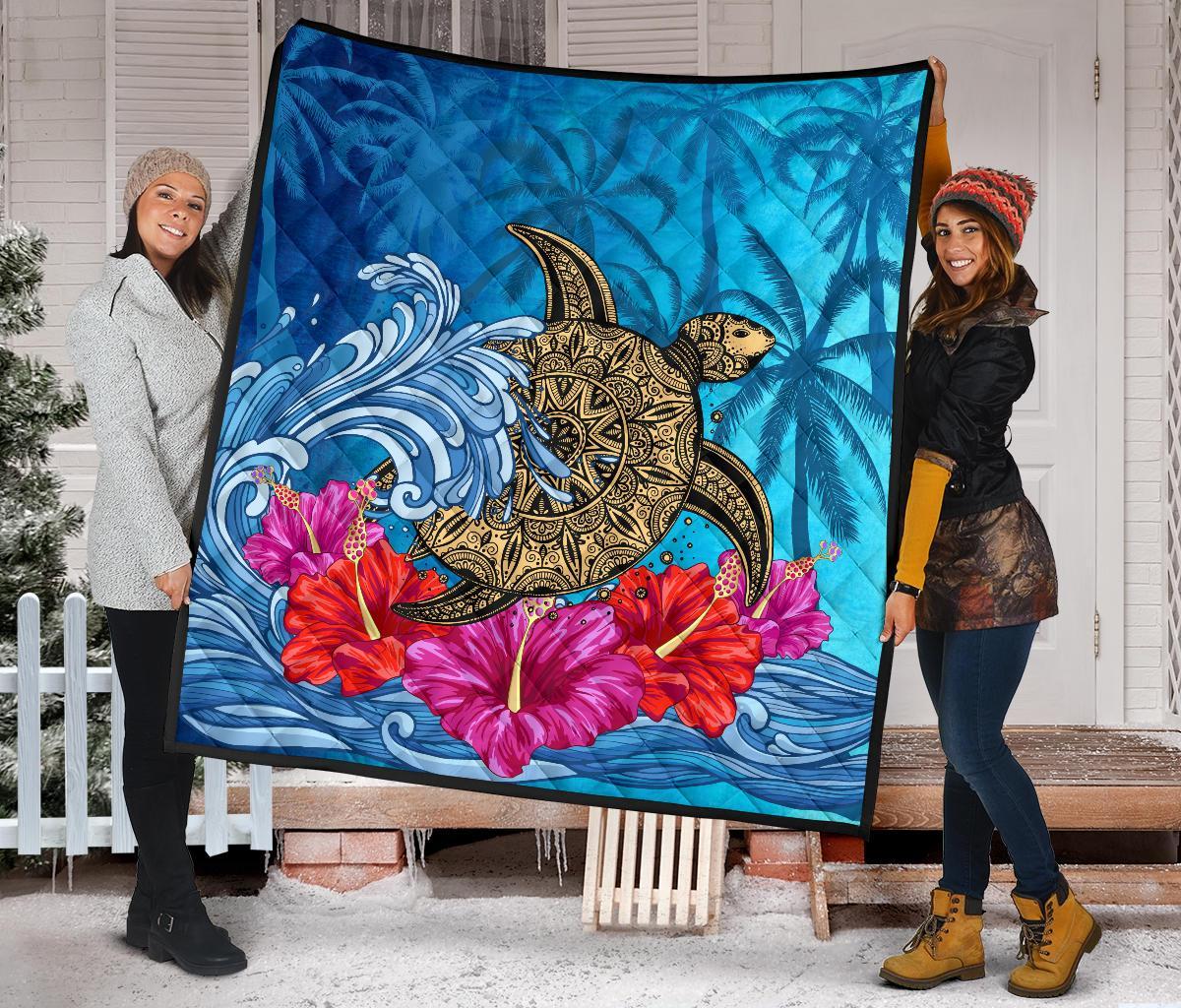Hawaii Sea Turtle Hibiscus Coconut Tree Premium Quilt - Polynesian Pride