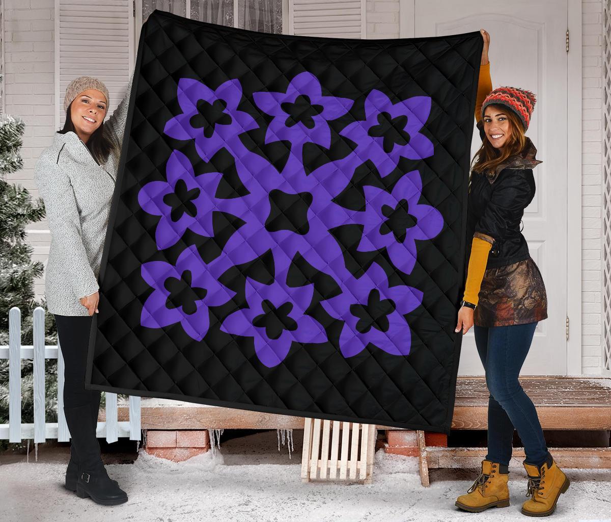 Hawaiian Premium Quilt Royal Pattern - Black And Purple - A1 Style - Polynesian Pride