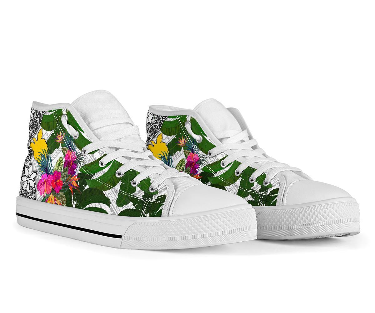 Papua New Guinea High Top Shoes White - Turtle Plumeria Banana Leaf - Polynesian Pride