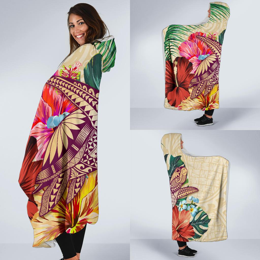 Hawaii Tropical Hibiscus Plumeria Turtle Beige Hooded Blanket - Polynesian Pride